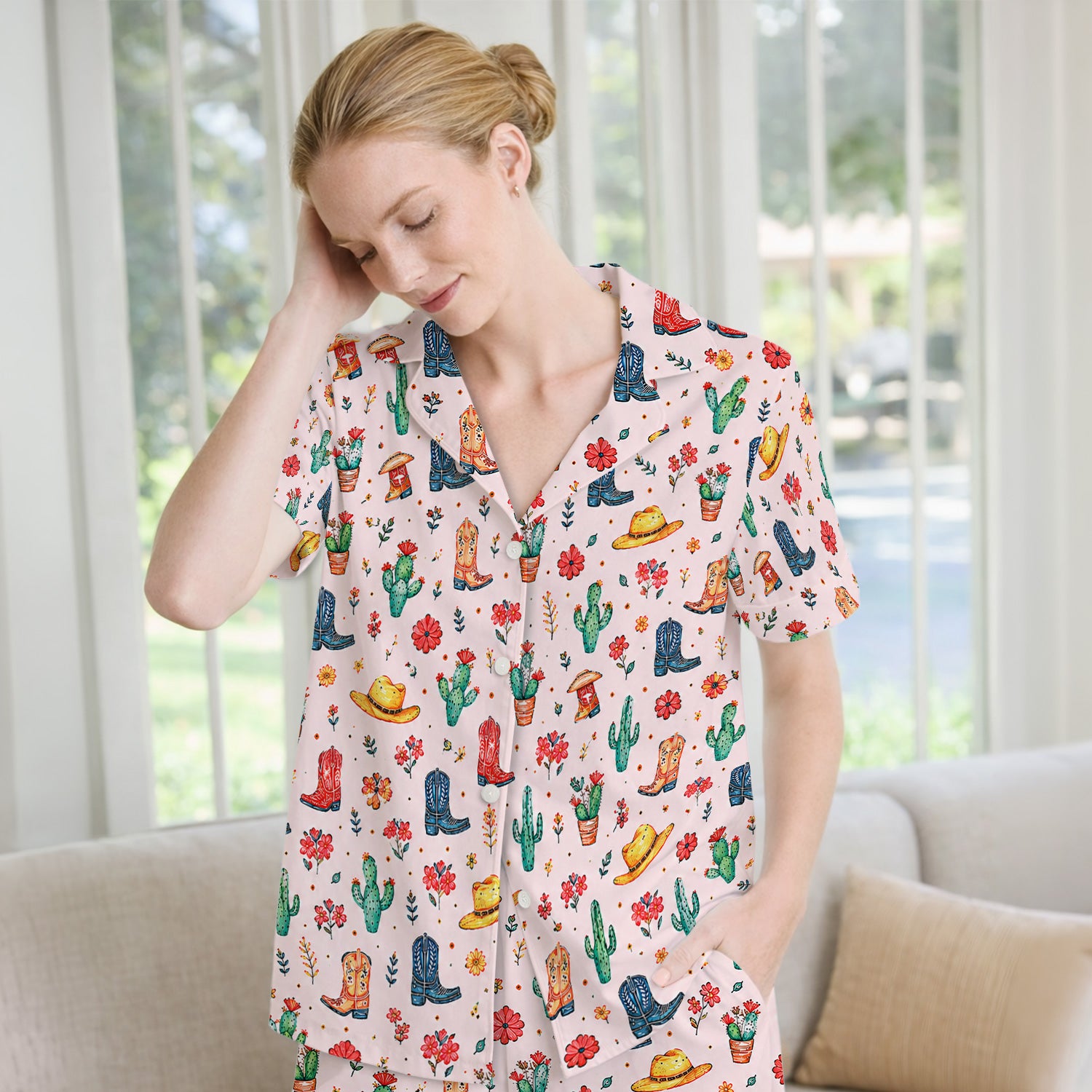 Whimsical Western Cactus Boots Pattern Pajama Set, Soft Breathable Fabric Comfortable Sleepwear