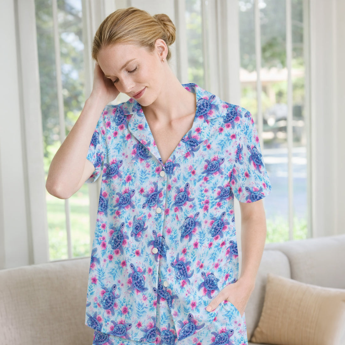Cute Sea Turtle Floral Print Pajama Set, Soft Breathable Fabric Comfortable Sleepwear