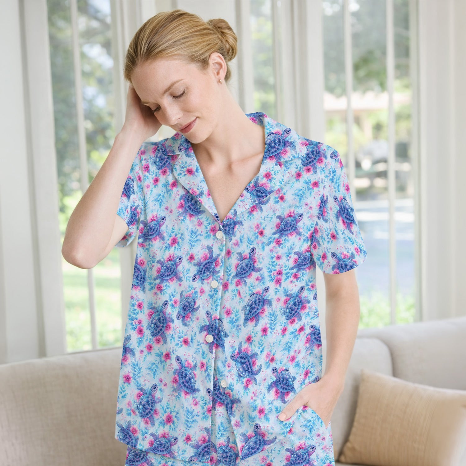 Cute Sea Turtle Floral Print Pajama Set, Soft Breathable Fabric Comfortable Sleepwear