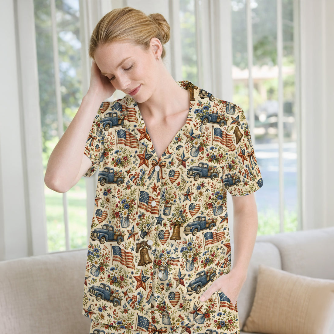 Vintage Patriotic Americana Nurse for RN & CNA, Floral Flag Healthcare Workers Uniform Pajama Set, Soft Breathable Fabric Comfortable Sleepwear