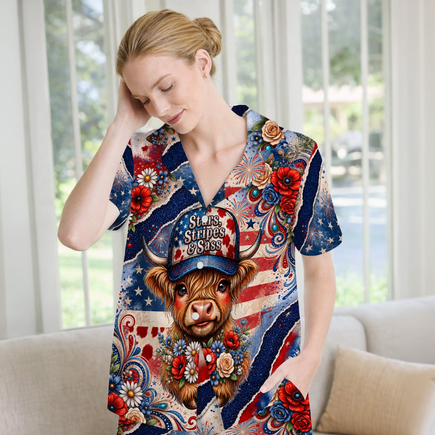 Patriotic Highland Cow Nurse Pattern, Healthcare Workers Pajama Set, Soft Breathable Fabric Comfortable Sleepwear