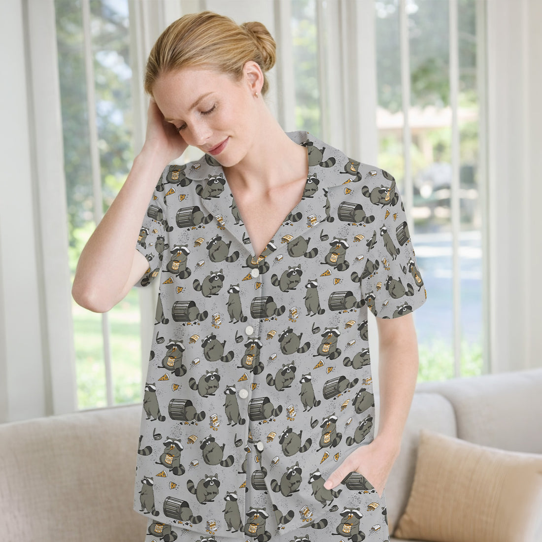 Raccoon Snack And Trash Can Pattern Pajama Set, Breathable Fabrics Uniform