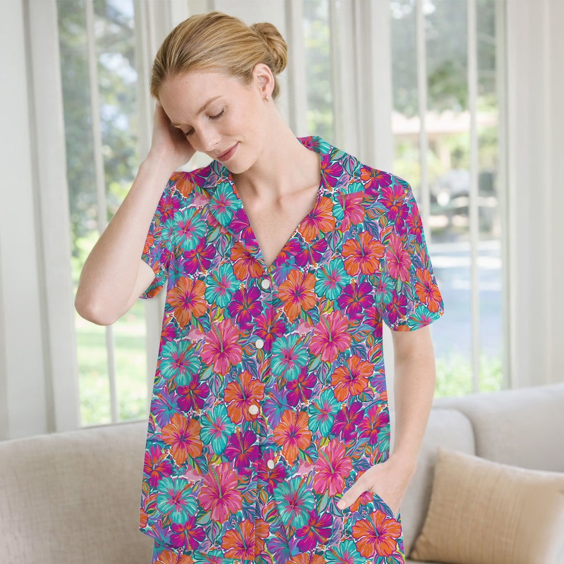 Vibrant Hibiscus Tropical Floral Pattern Pajama Set, Soft Breathable Fabric Comfortable Sleepwear