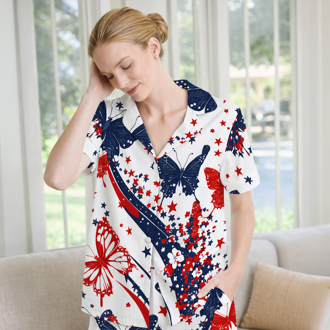 Patriotic Butterfly with Red White Blue Stars Pajama Set, Soft Breathable Fabric Comfortable Sleepwear
