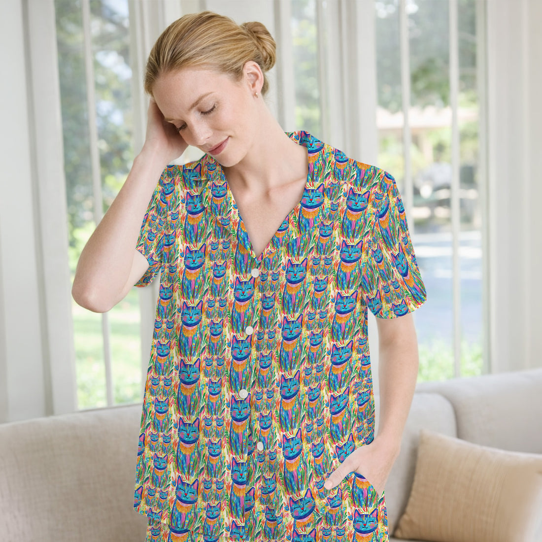 Colorful Rainbow Cat With Floral Brushstroke Pajama Set, Soft Breathable Fabric Comfortable Sleepwear