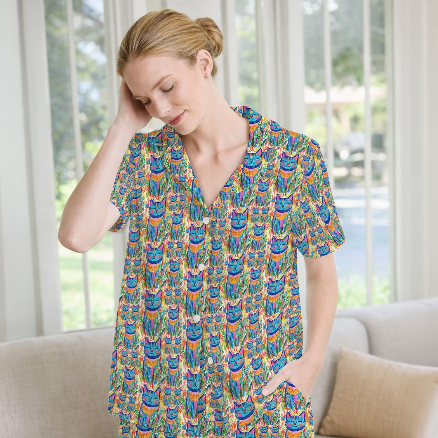 Colorful Rainbow Cat With Floral Brushstroke Pajama Set, Soft Breathable Fabric Comfortable Sleepwear