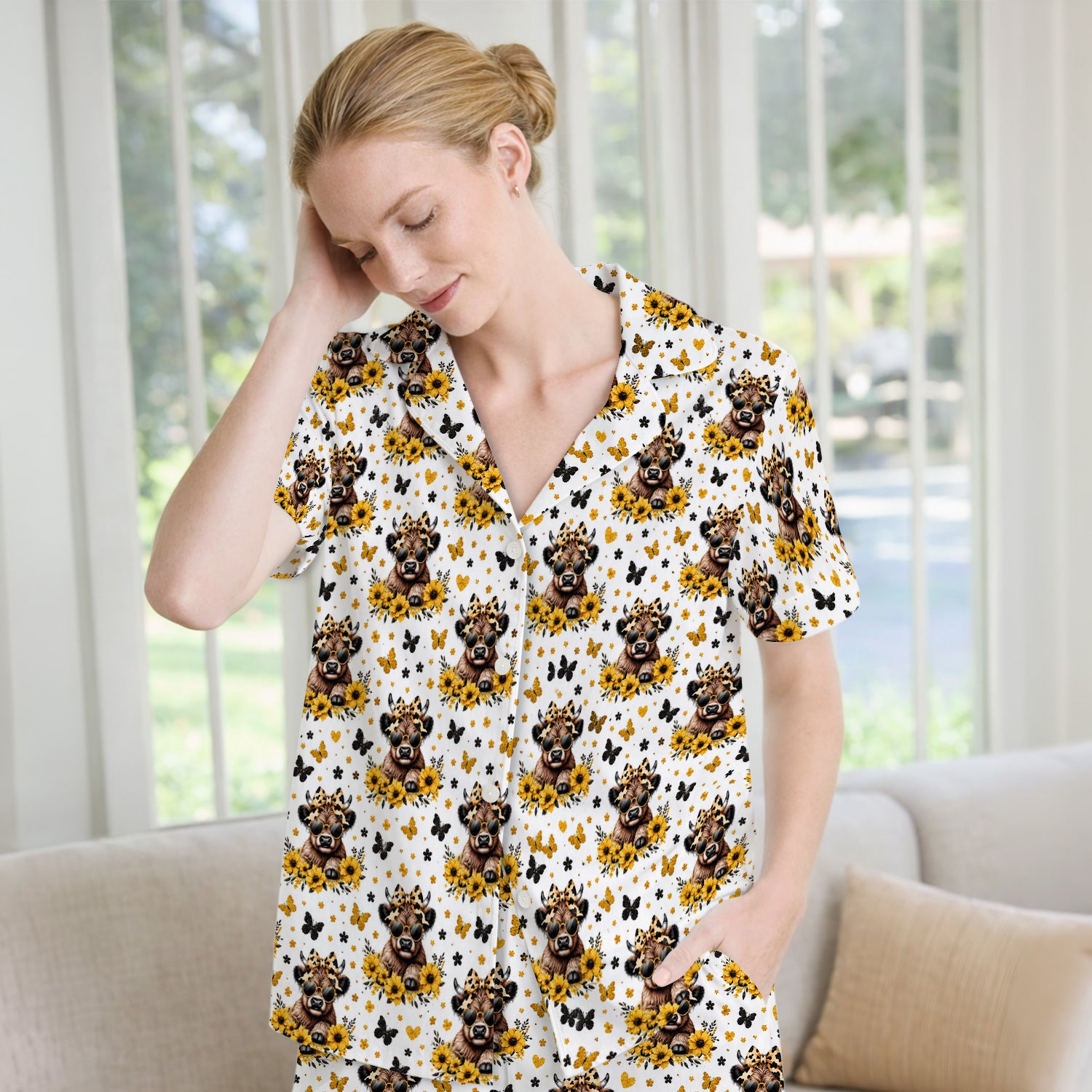 Cow With Sunflower Bow Pattern Pajama Set, Soft Breathable Fabric Comfortable Sleepwear