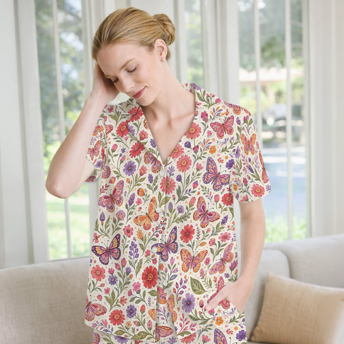 Floral Butterfly Pediatric Nurse Pattern Pajama Set, Soft Breathable Fabric Comfortable Sleepwear
