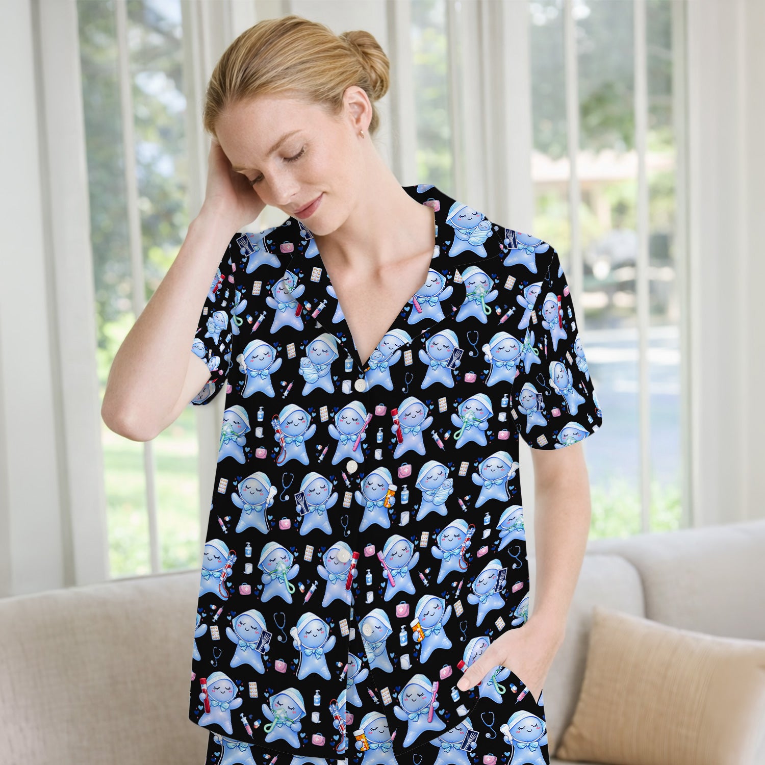Cute Tooth Character Dental Tools Caring Pattern Pajama Set, Breathable Fabrics Uniform