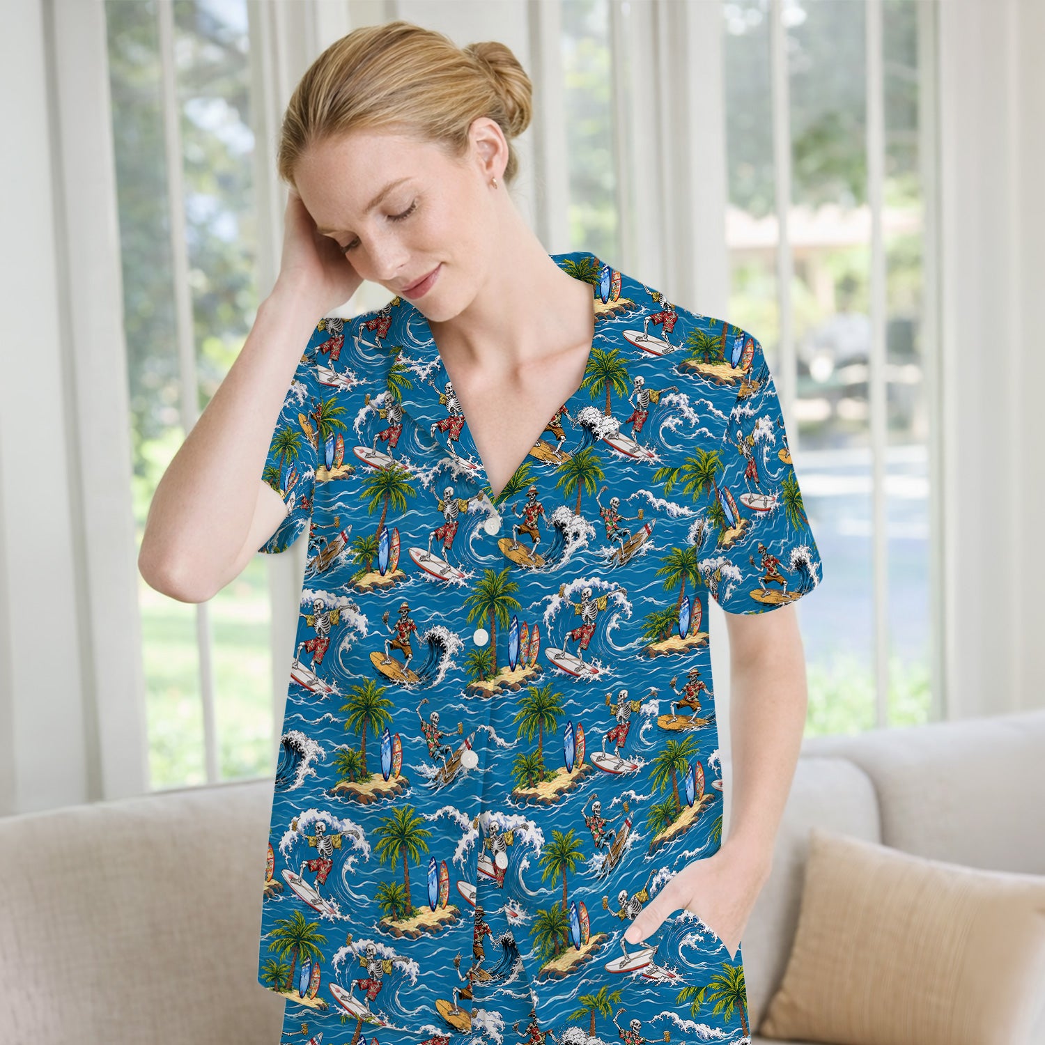 Spooky Tropical Skeleton Surfer Pattern Pajama Set, Soft Breathable Fabric Comfortable Sleepwear