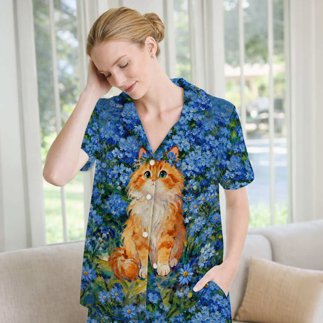 Cute Blue Floral Cat Pattern Pajama Set, Soft Breathable Fabric Comfortable Sleepwear