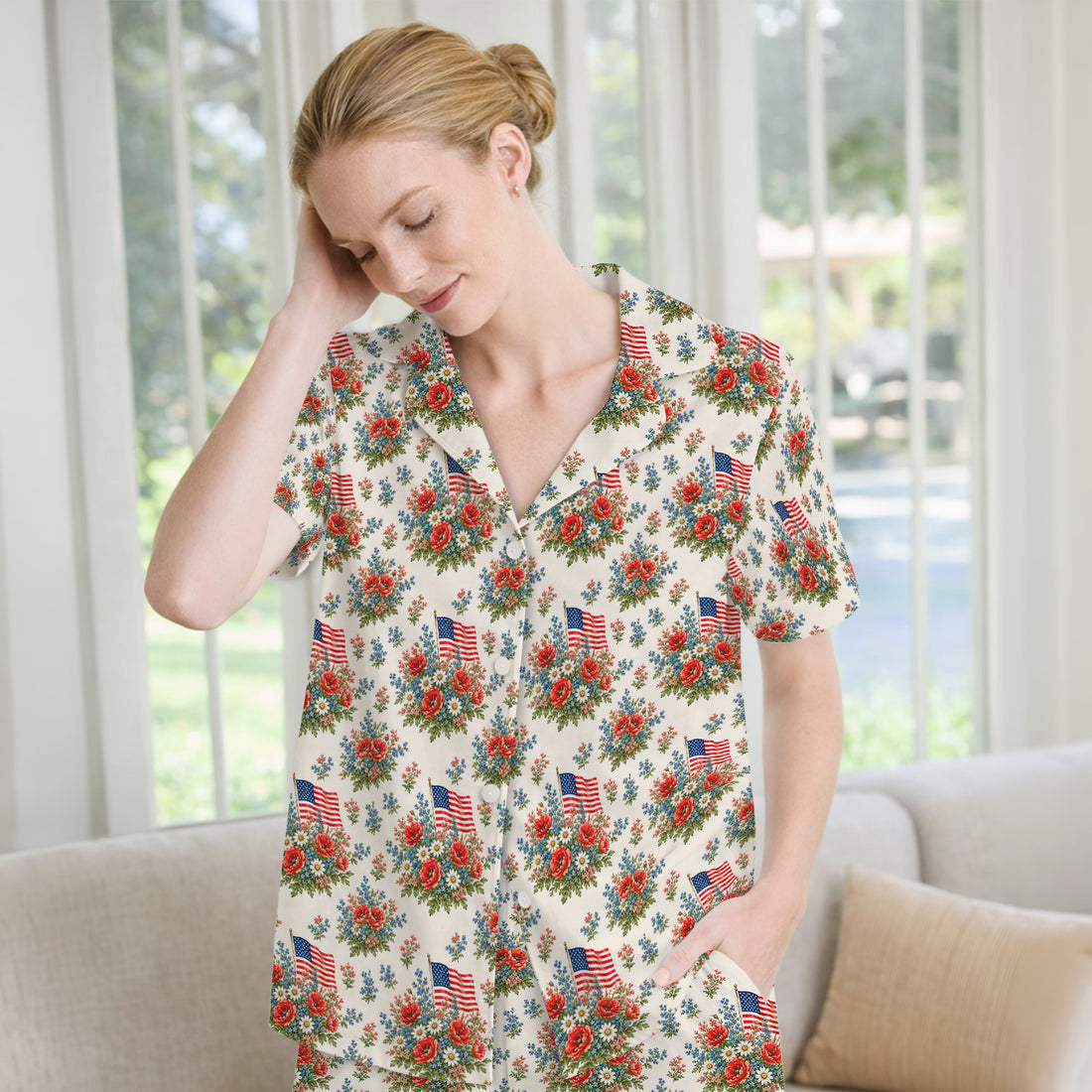 Patriotic Floral With USA Flag Pattern Pajama Set, Soft Breathable Fabric Comfortable Sleepwear