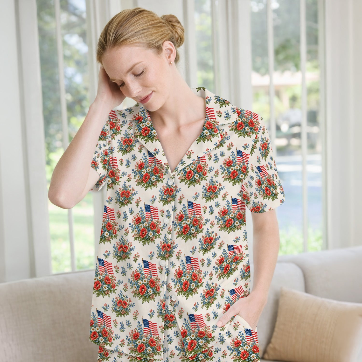 Patriotic Floral With USA Flag Pattern Pajama Set, Soft Breathable Fabric Comfortable Sleepwear
