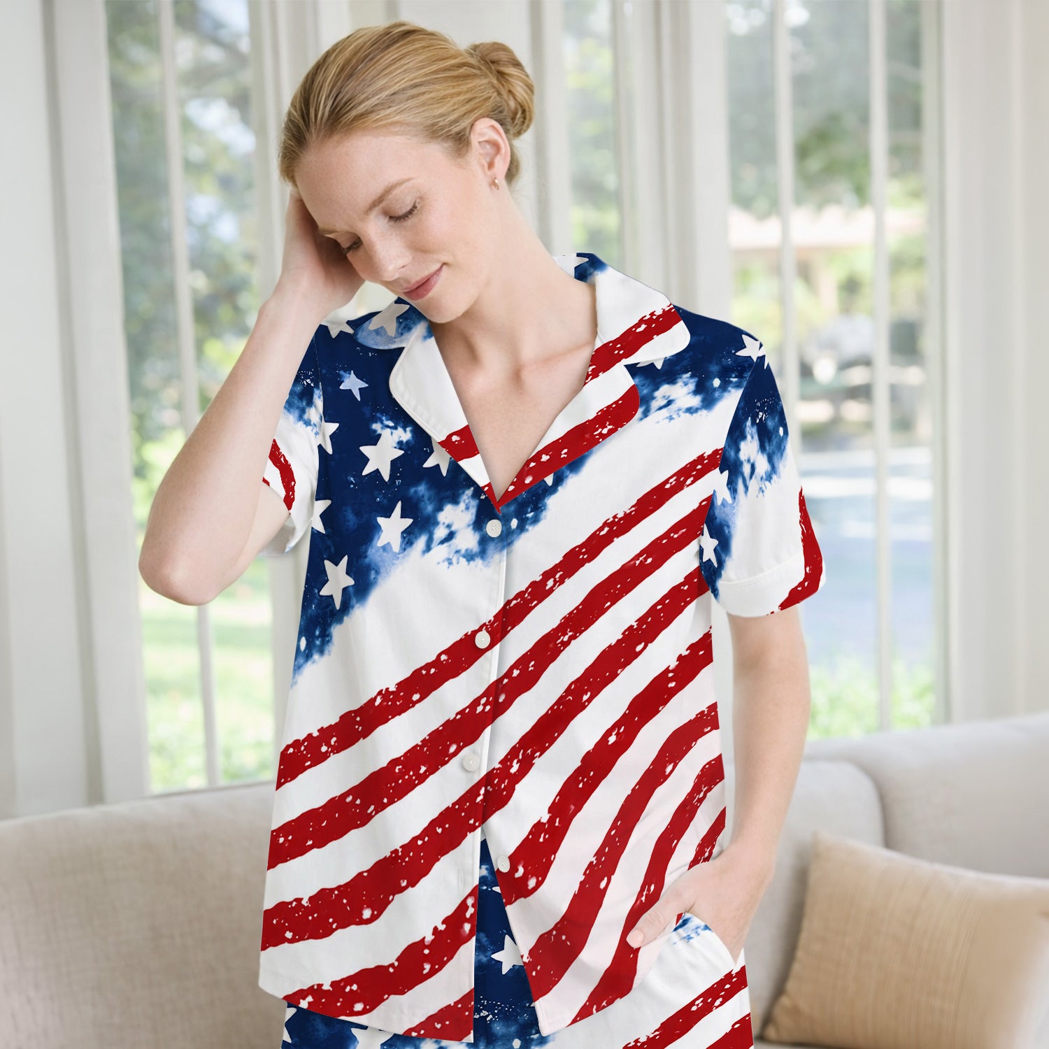 USA Stars And Stripes Pattern Pajama Set, Soft Breathable Fabric Comfortable Sleepwear