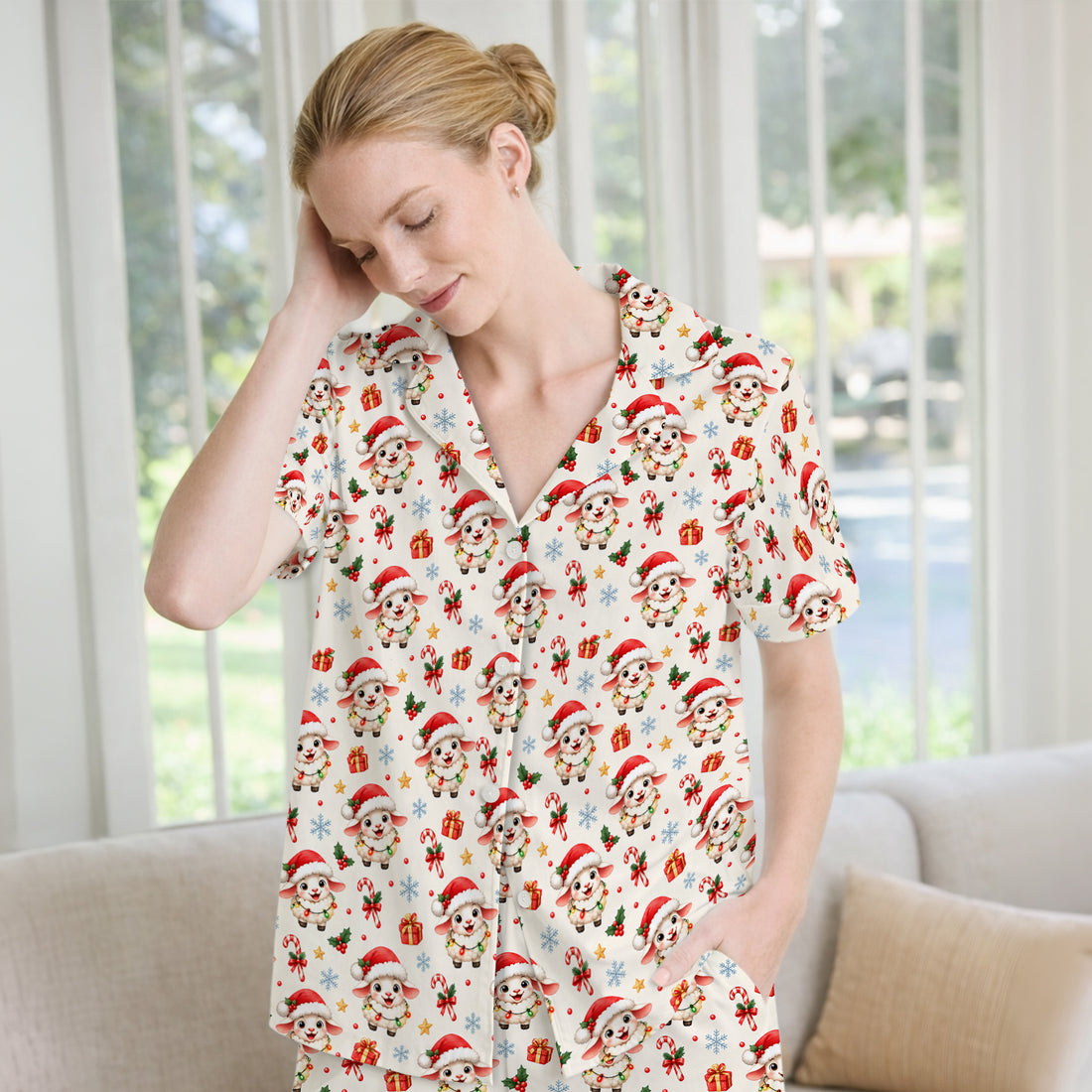 Christmas Lamb With Lights Pajama Set, Soft Breathable Fabric Comfortable Sleepwear