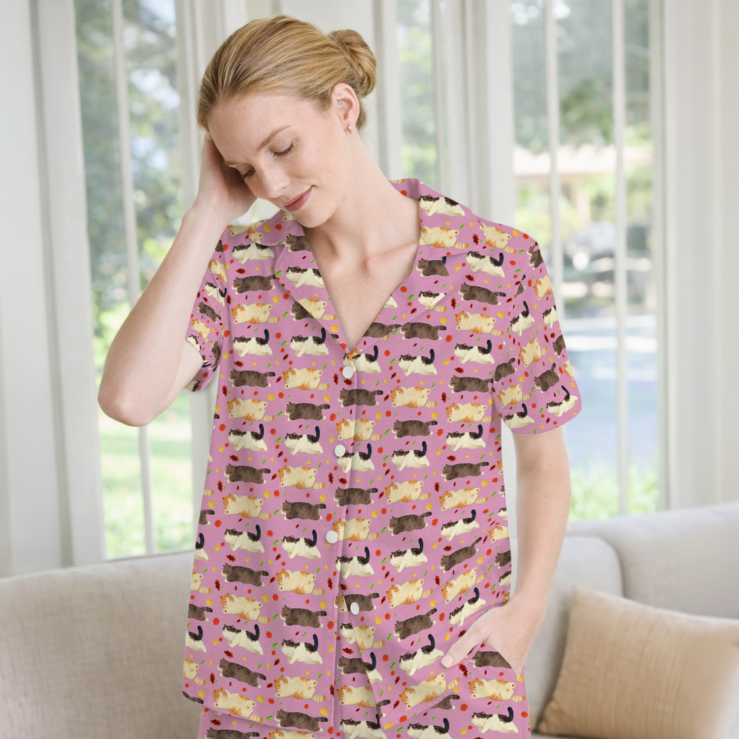 Chubby Cat Autumn Leaves Print Pajama Set, Breathable Fabrics Uniform