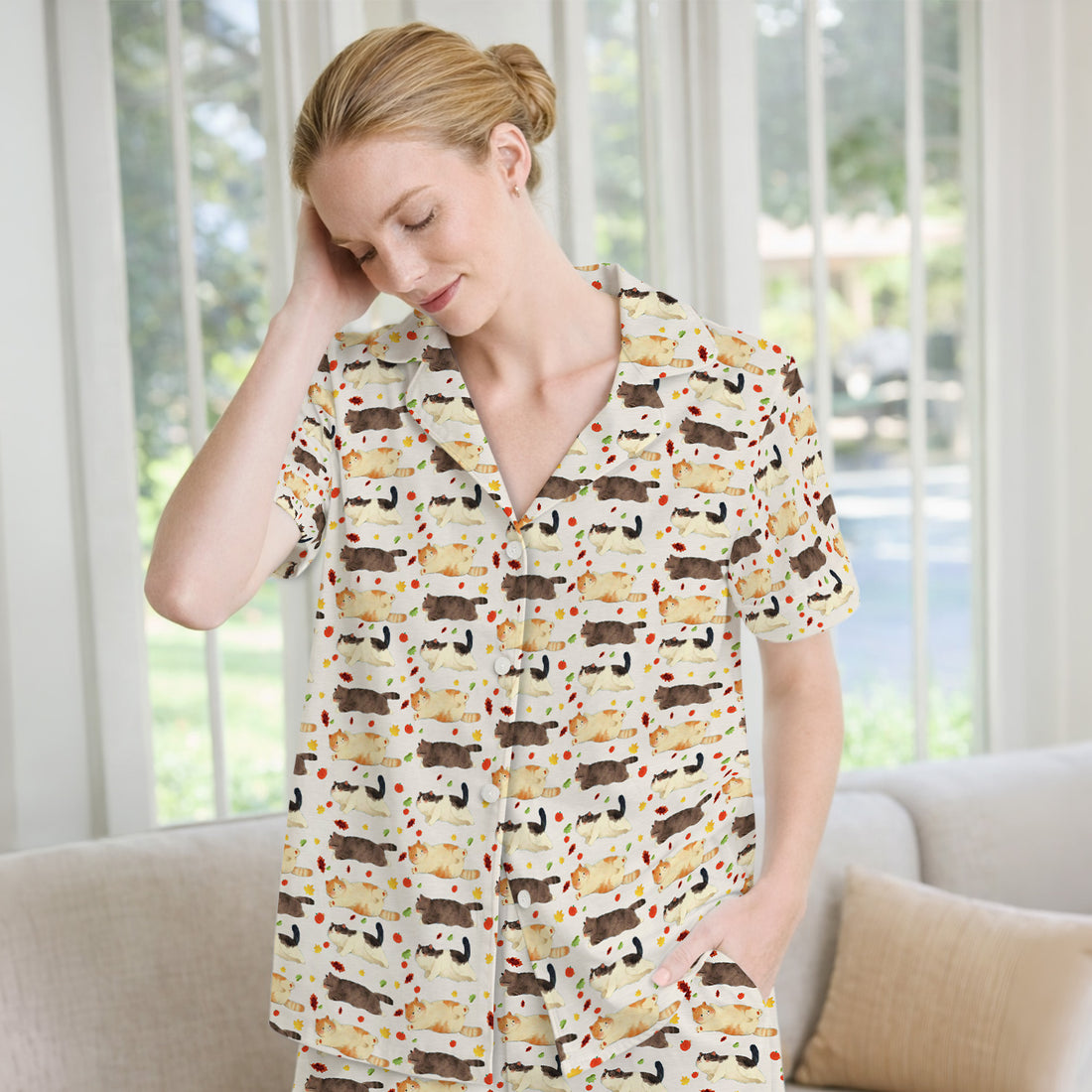 Chubby Cat Autumn Leaves Print Pajama Set, Breathable Fabrics Uniform