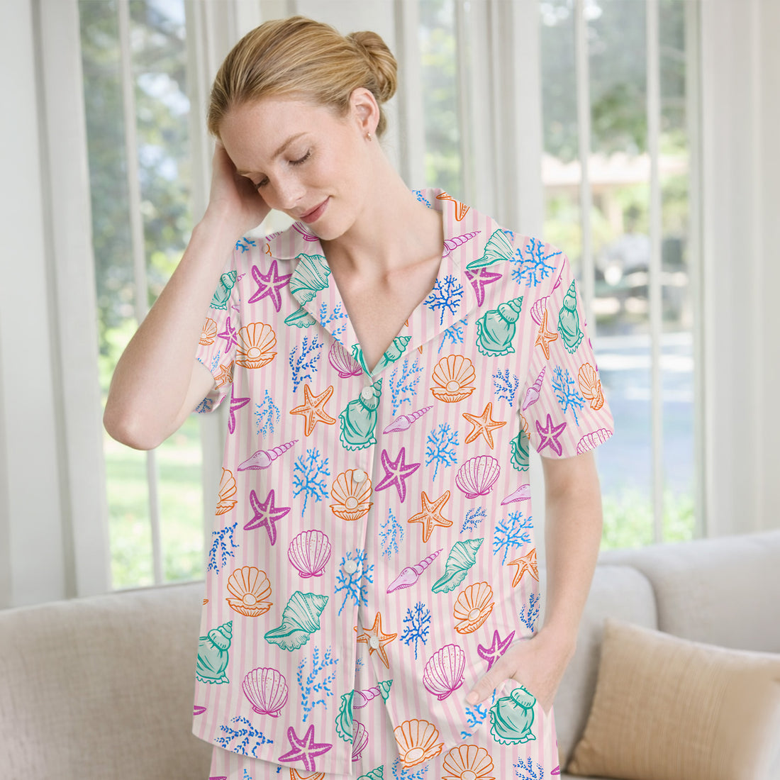 Colorful Seashell Starfish Ocean Stripe Pattern Pajama Set, Breathable Fabrics Uniform