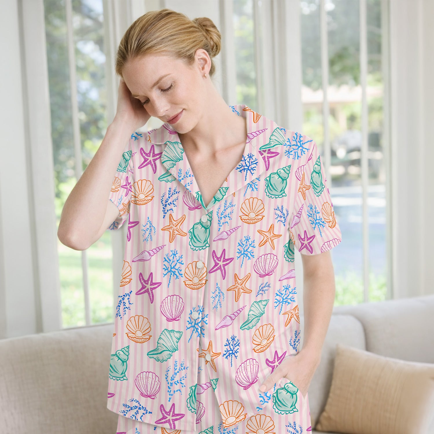 Colorful Seashell Starfish Ocean Stripe Pattern Pajama Set, Breathable Fabrics Uniform