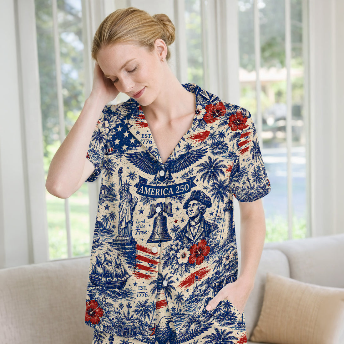 America 250 Eagle Liberty Pattern Pajama Set, Soft Breathable Fabric Comfortable Sleepwear