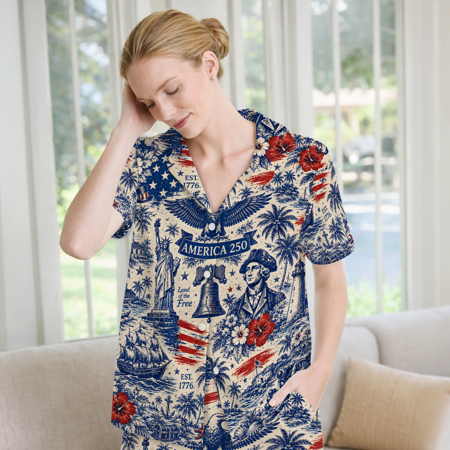 America 250 Eagle Liberty Pattern Pajama Set, Soft Breathable Fabric Comfortable Sleepwear
