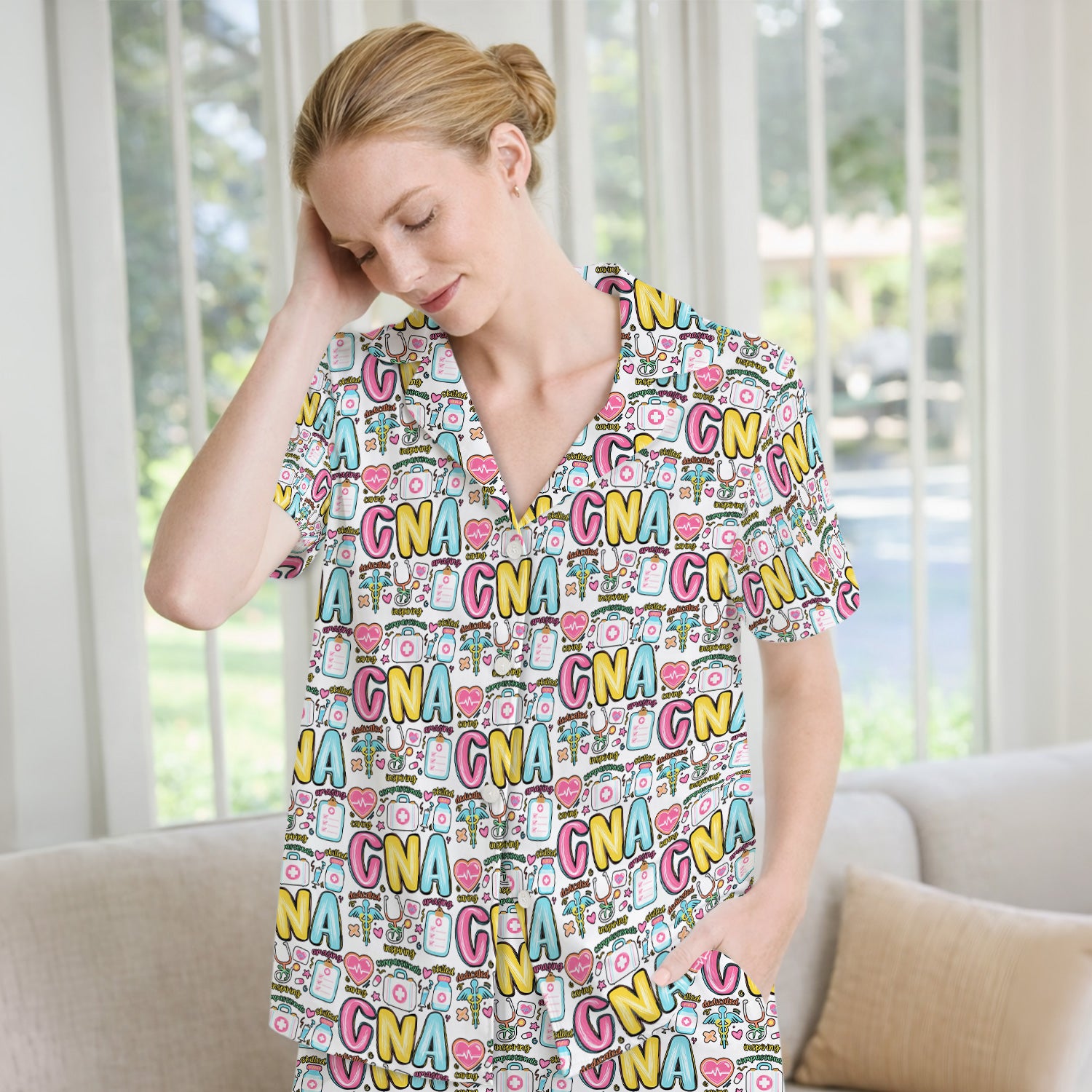 CNA Nurse Appreciation Pattern Pajama Set, Breathable Fabrics Uniform
