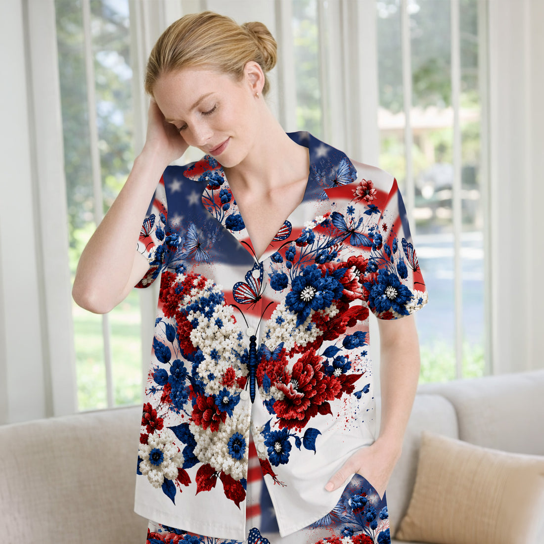 Patriotic Butterfly with Floral Print Pajama Set, Soft Breathable Fabric Comfortable Sleepwear
