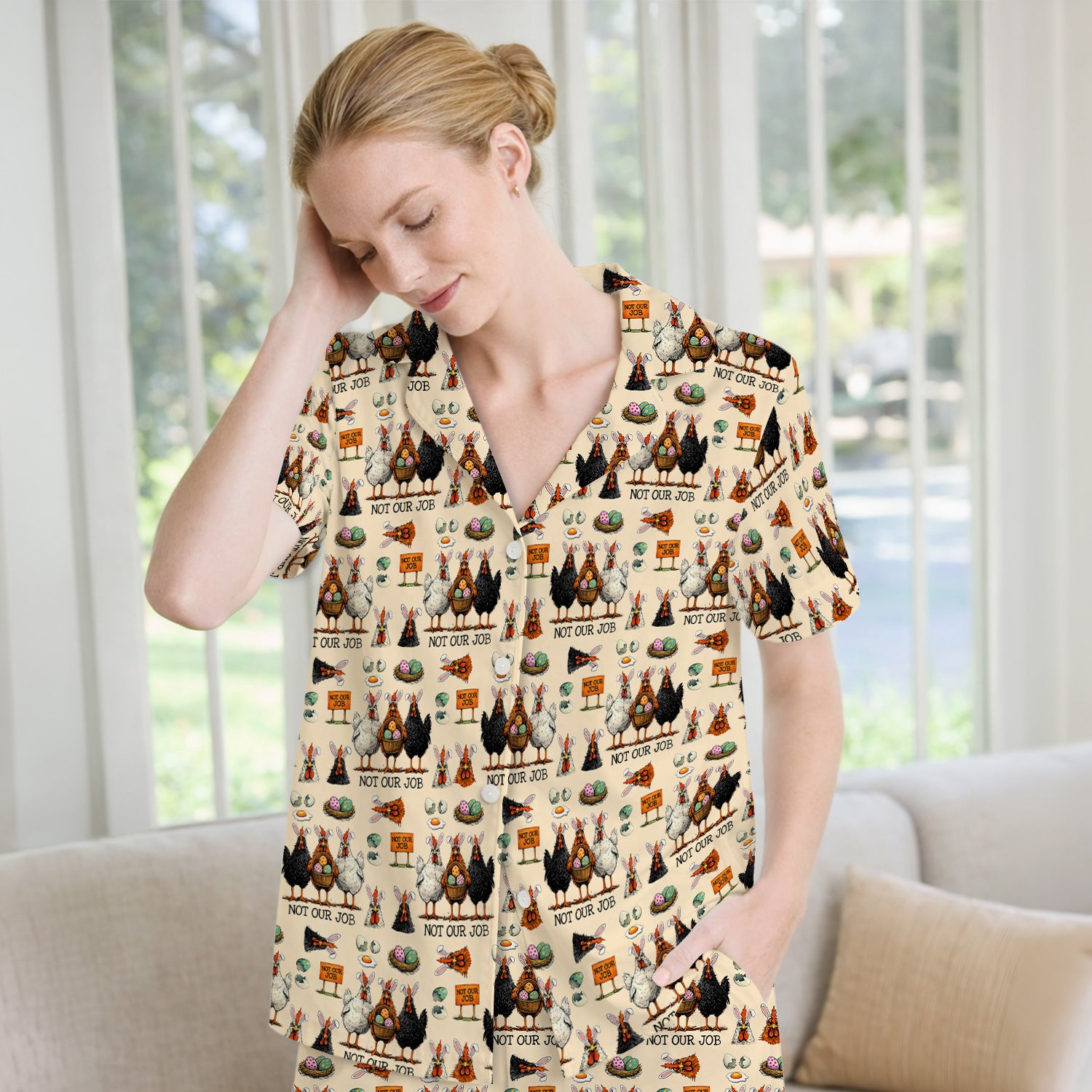 Funny Easter Chicken Humor Pattern Pajama Set, Breathable Fabrics Uniform