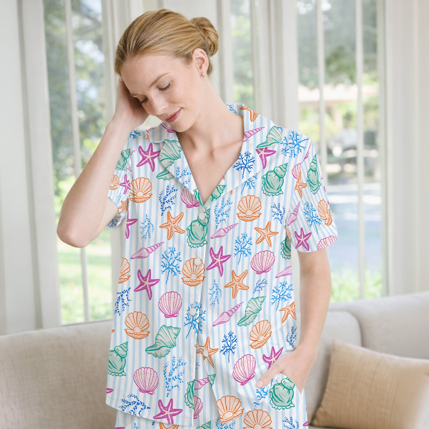 Colorful Seashell Starfish Ocean Stripe Pattern Pajama Set, Breathable Fabrics Uniform