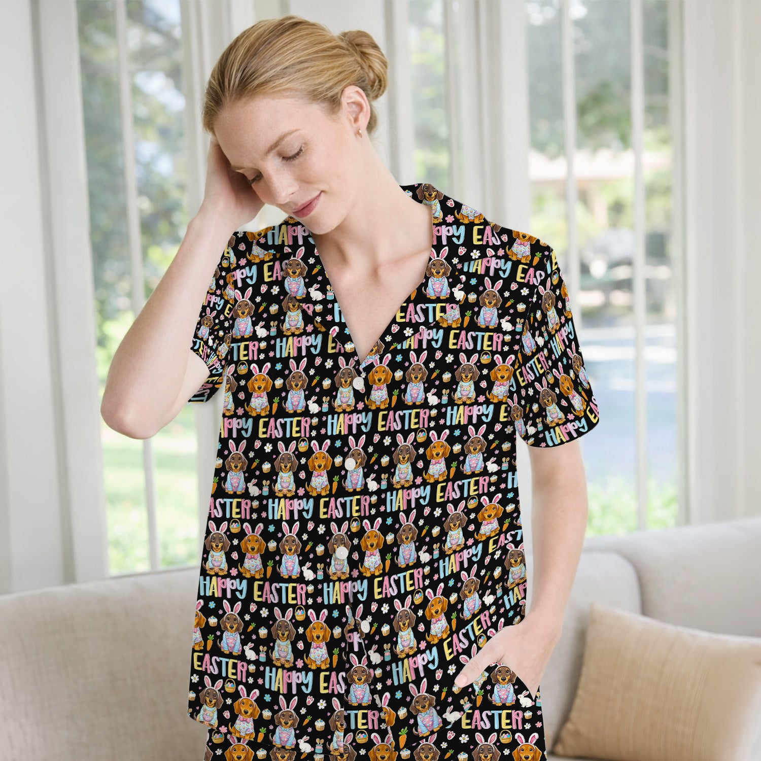 Happy Easter Dachshund Bunny Print Pajama Set, Breathable Fabrics Uniform