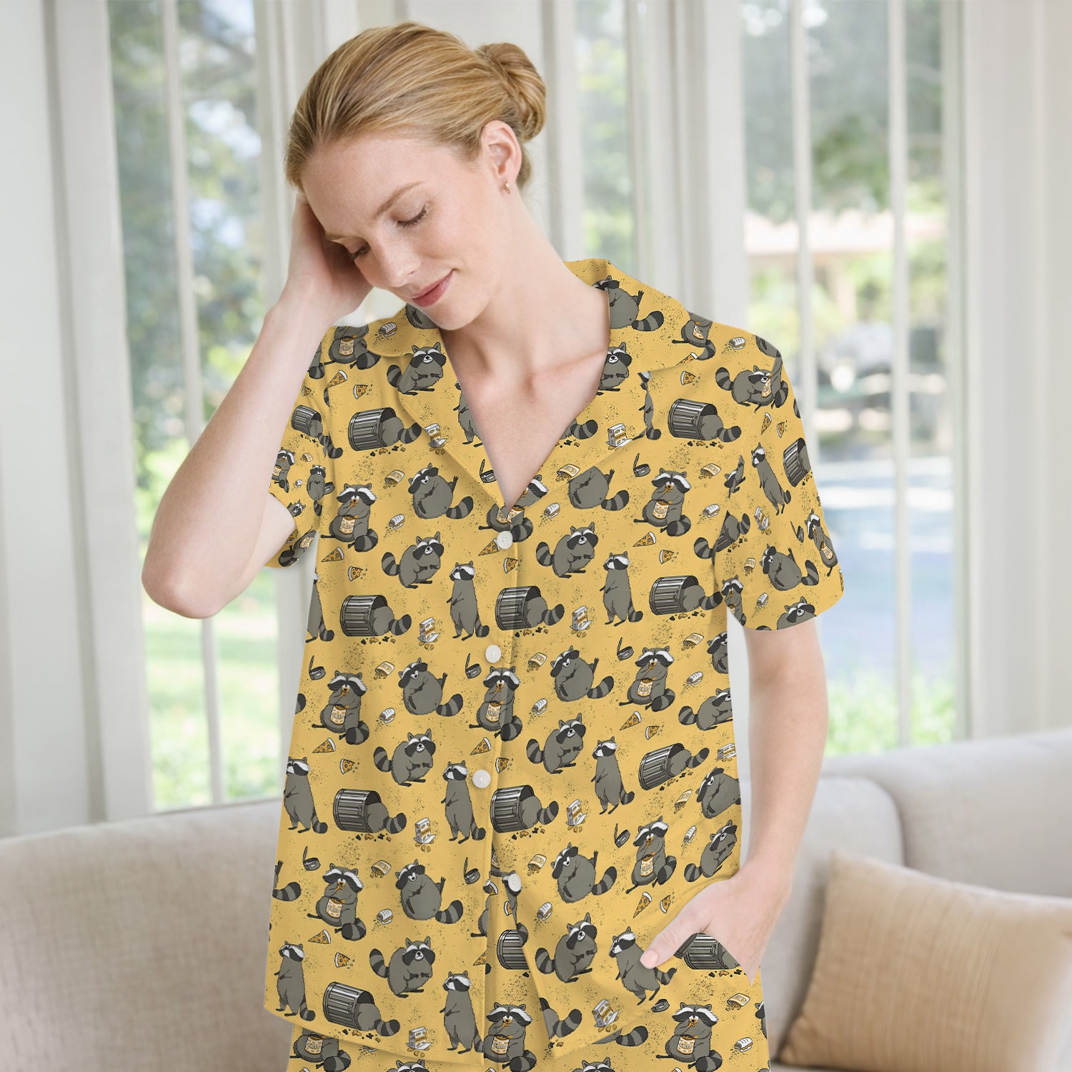 Raccoon Snack And Trash Can Pattern Pajama Set, Breathable Fabrics Uniform