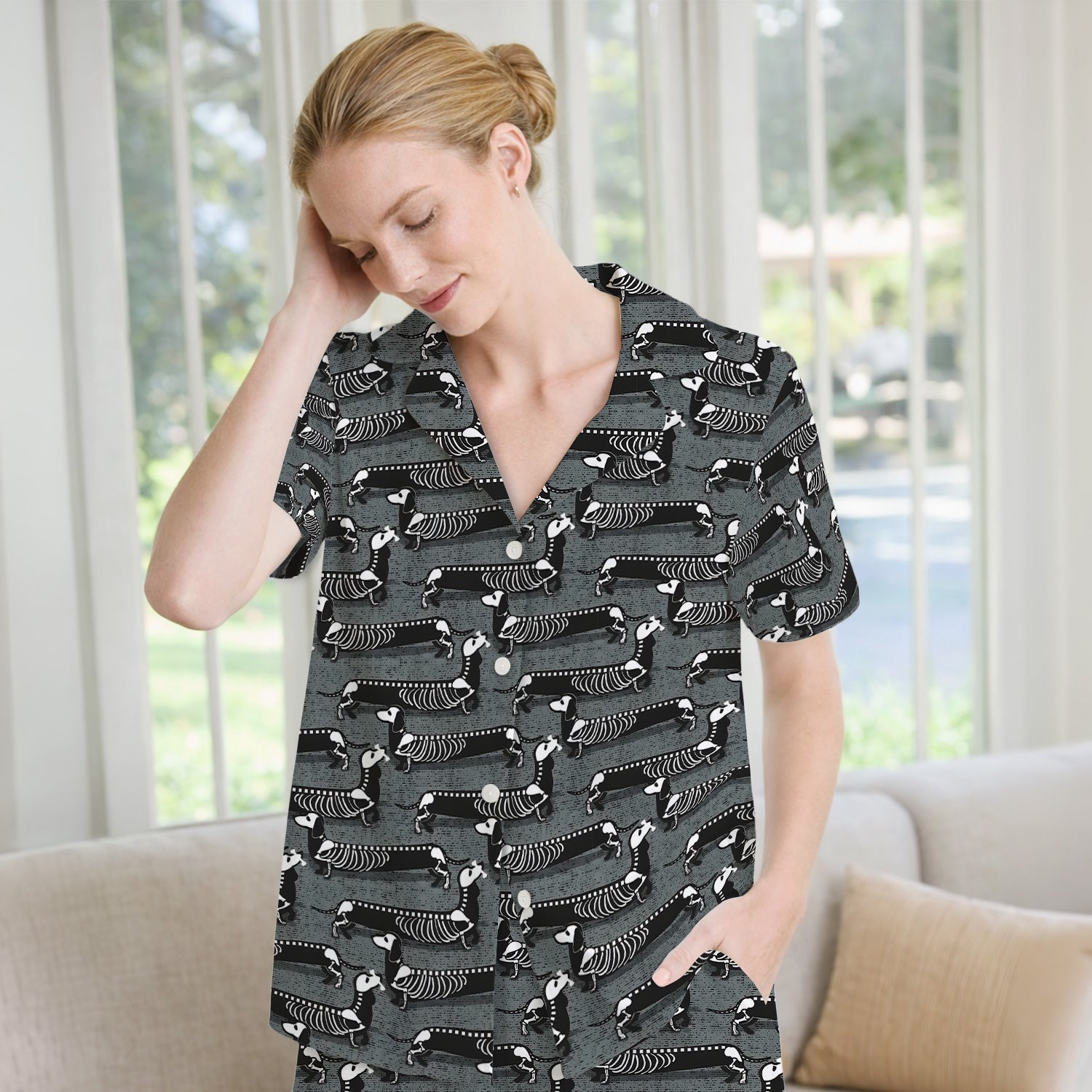 X-Ray Dachshund Skeleton Pajama Set, Soft Breathable Fabric Comfortable Sleepwear
