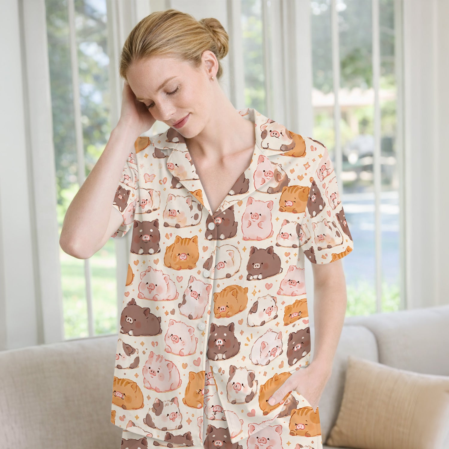 Cute Chubby Pig Nurse Print Pajama Set, Soft Breathable Fabric Comfortable Sleepwear