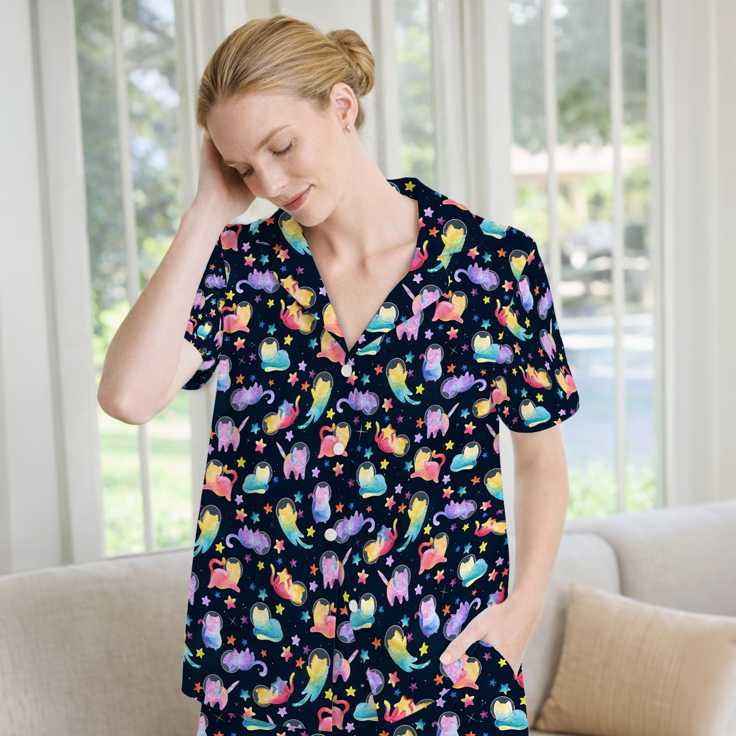 Cute Space Cat Veterinary Pattern Pajama Set, Soft Breathable Fabric Comfortable Sleepwear