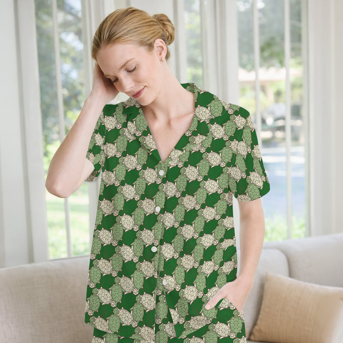 Green Sea Turtle Shell Pattern Pajama Set, Soft Breathable Fabric Comfortable Sleepwear