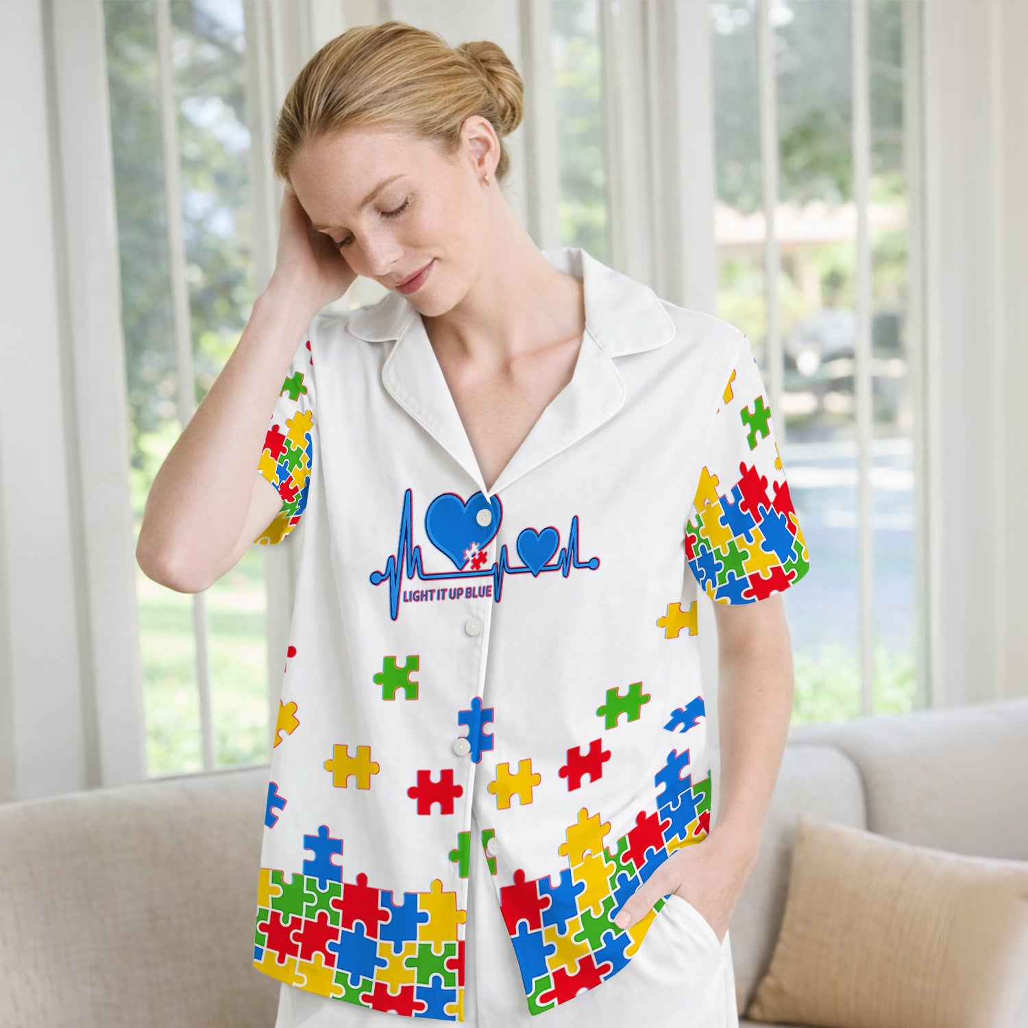 Autism Puzzle Heartbeat Light It Up Blue Print Pajama Set, Breathable Fabrics Uniform