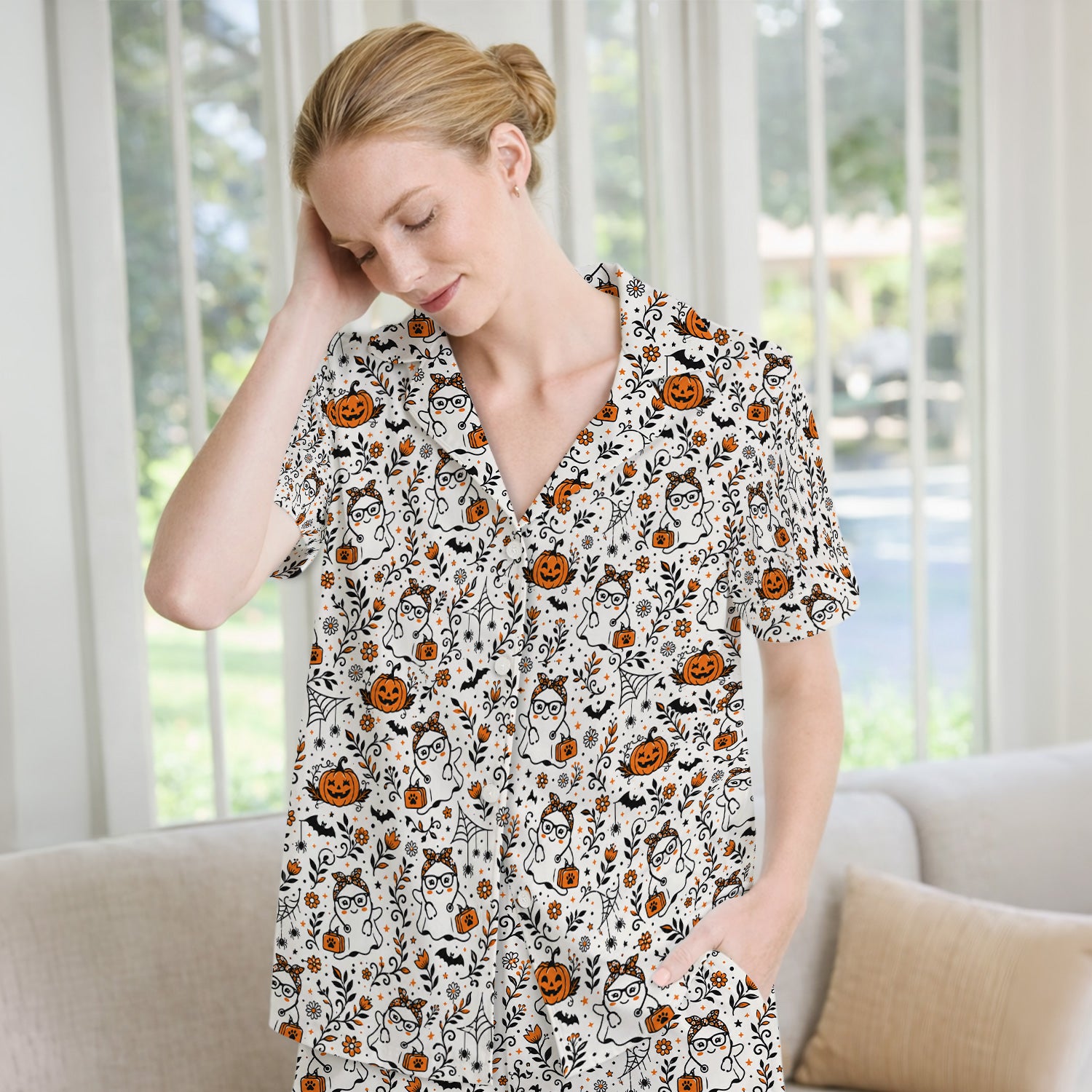 Cute Halloween Nurse Ghost And Pumpkins Pajama Set, Soft Breathable Fabric Comfortable Sleepwear