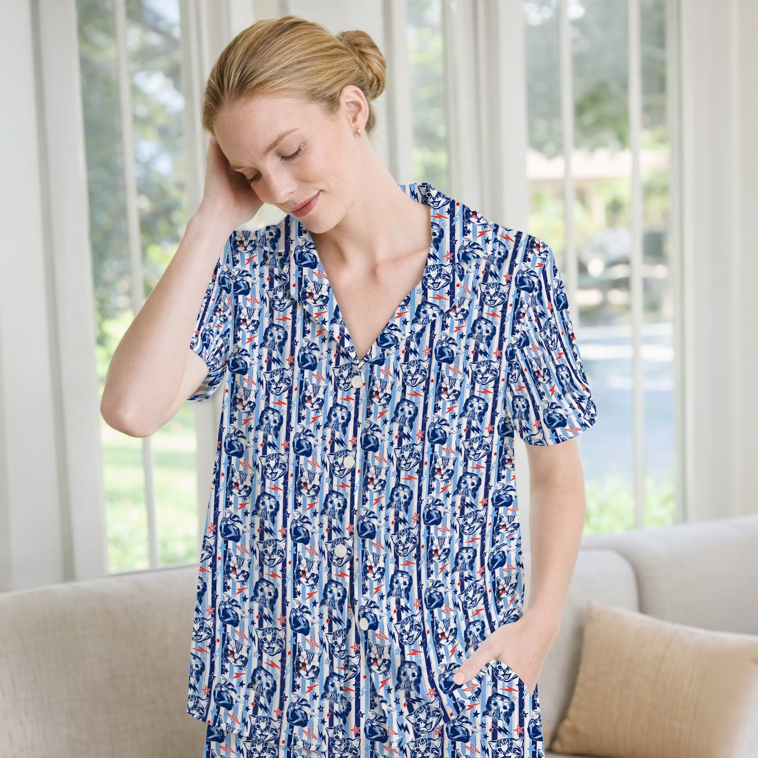 Cute Cat Faces With Lightning Print Pajama Set, Soft Breathable Fabric Comfortable Sleepwear