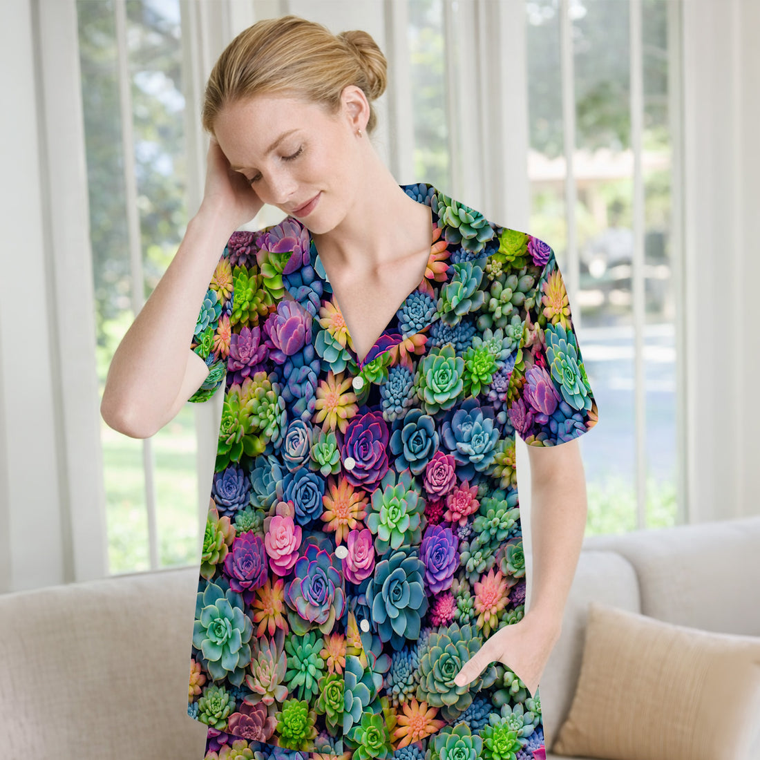 Cute Nurse Scrub Top Boho Succulent Flower Pattern Pajama Set, Soft Breathable Fabric Comfortable Sleepwear