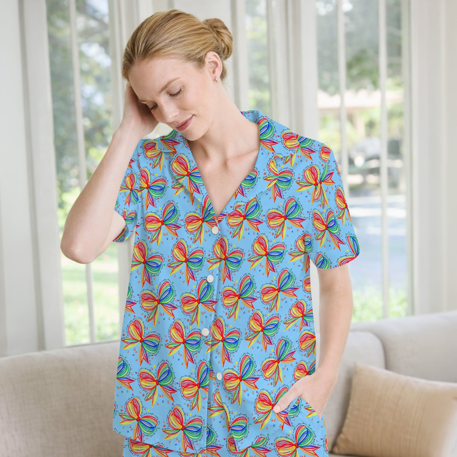 Colorful Rainbow Bow Pattern Pajama Set, Breathable Fabrics Uniform