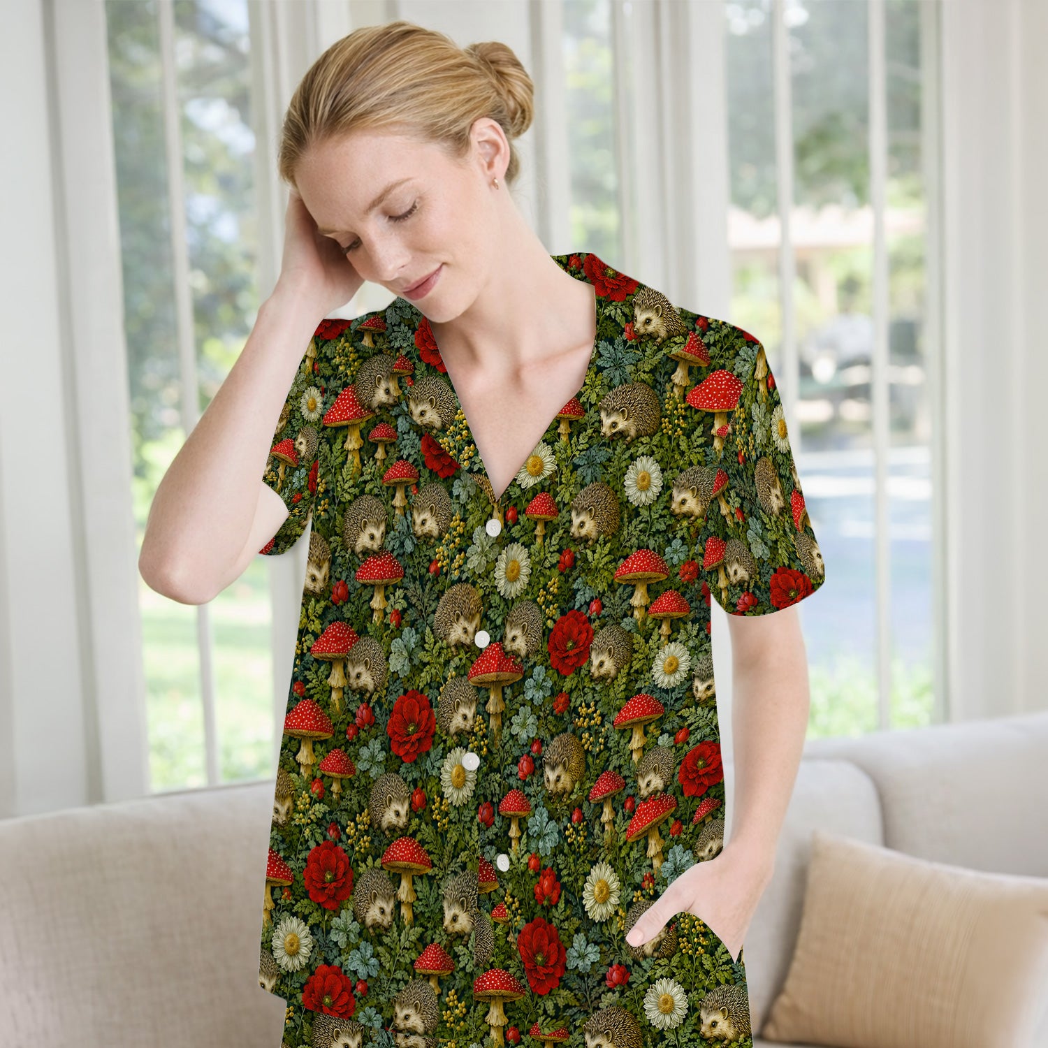 Enchanted Woodland Hedgehog Nurse for Pediatric Nurses, RN, CNA, Garden Medical Pajama Set, Soft Breathable Fabric Comfortable Sleepwear