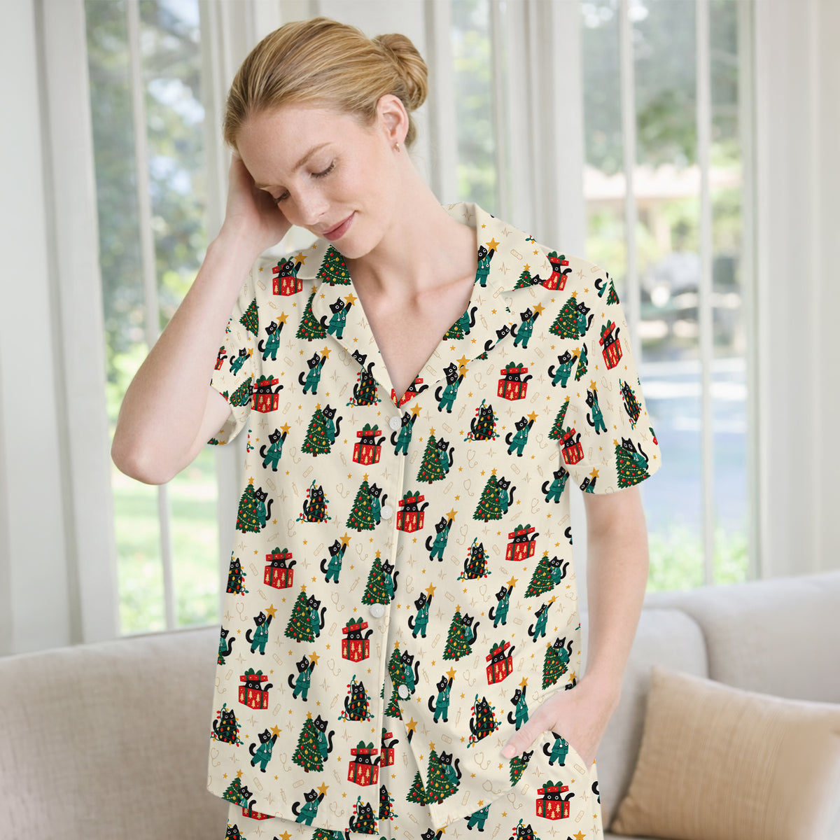 Christmas Black Nurse Cats And Trees Pajama Set, Soft Breathable Fabric Comfortable Sleepwear
