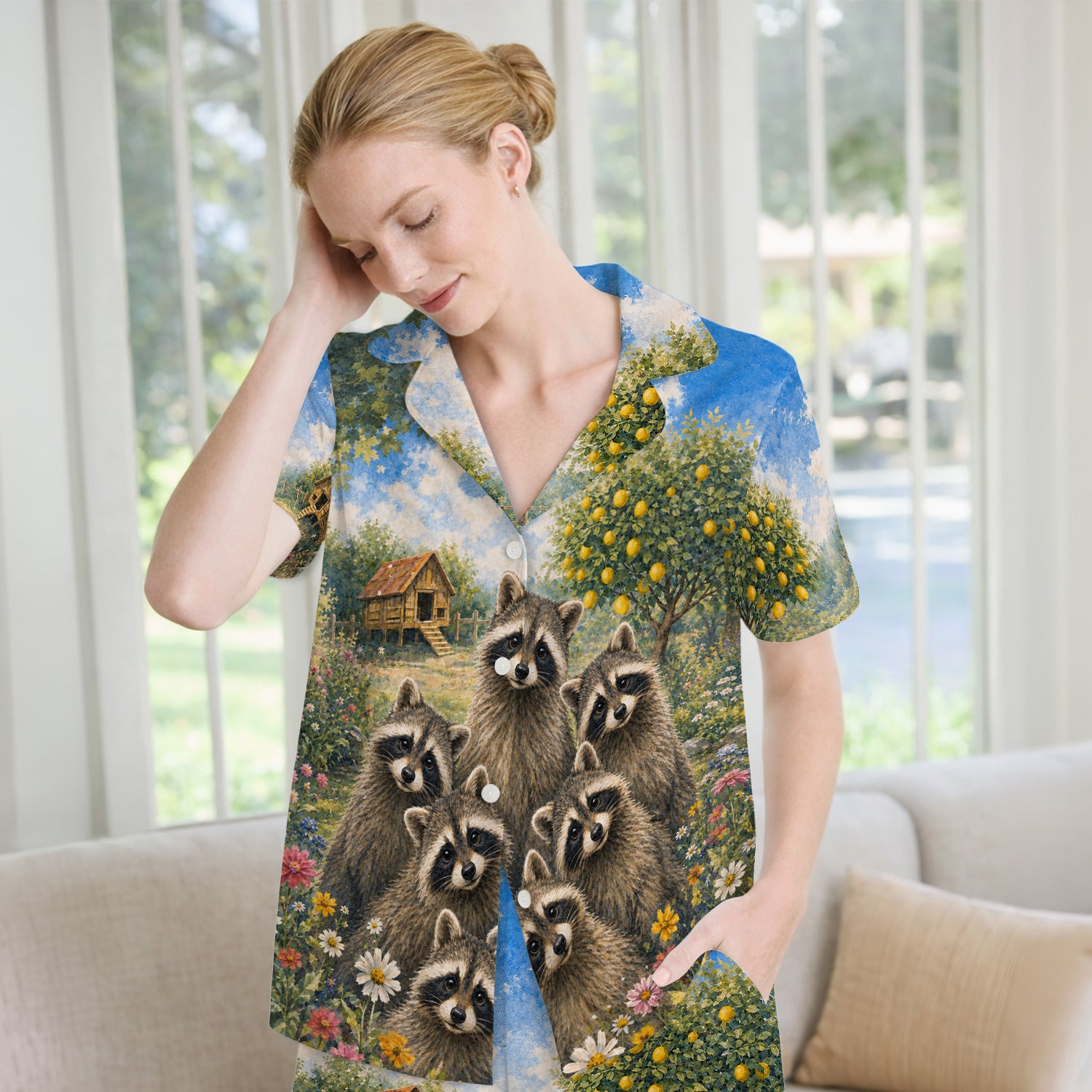 Adorable Raccoon Family Garden Pattern Pajama Set, Soft Breathable Fabric Comfortable Sleepwear