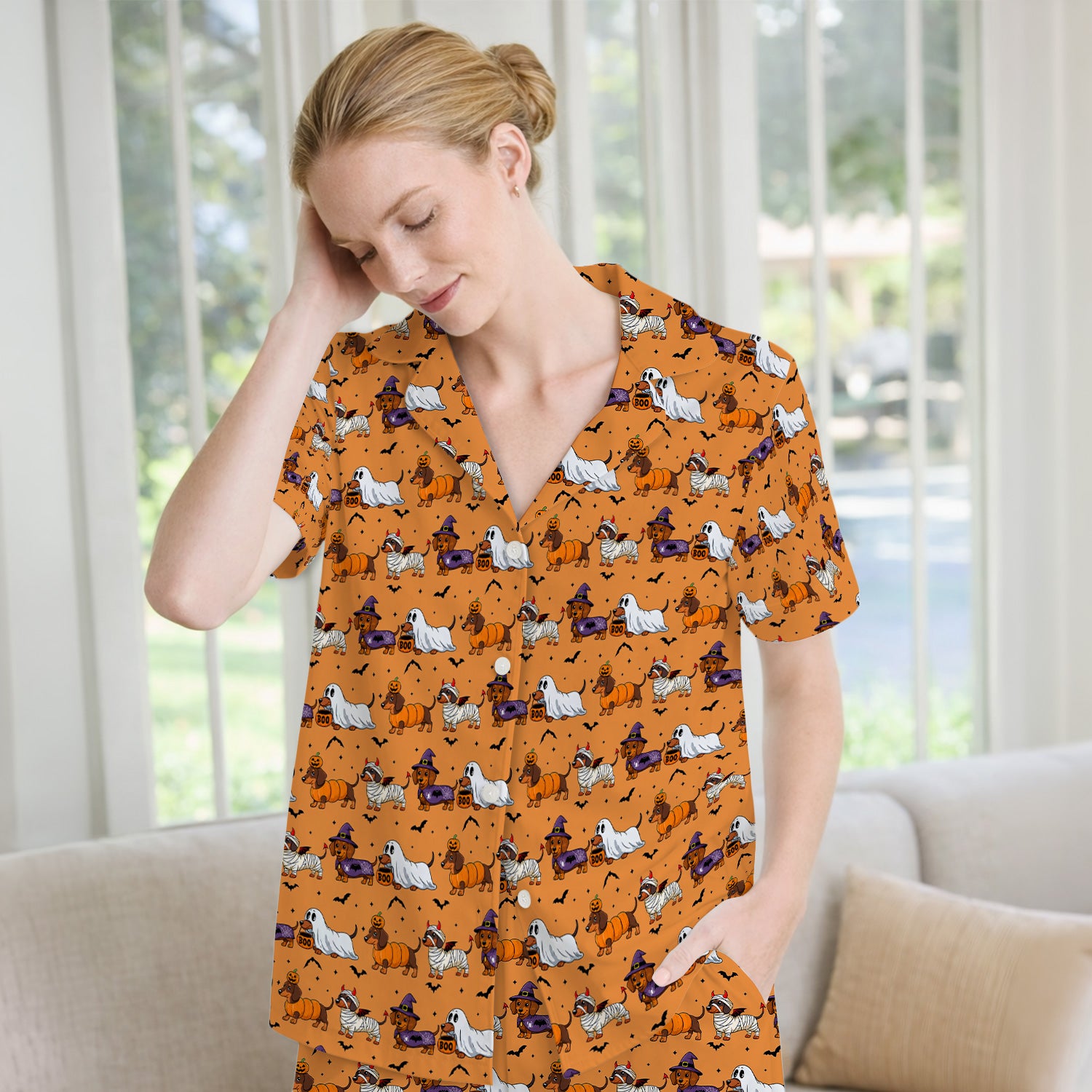 Halloween Dachshund with Bat Pattern Pajama Set, Soft Breathable Fabric Comfortable Sleepwear