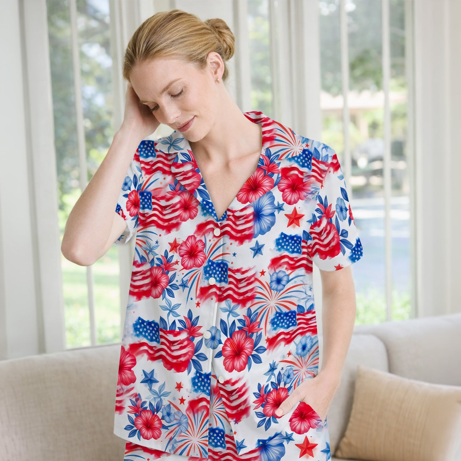 Patriotic American Flag Floral Pattern Pajama Set, Soft Breathable Fabric Comfortable Sleepwear