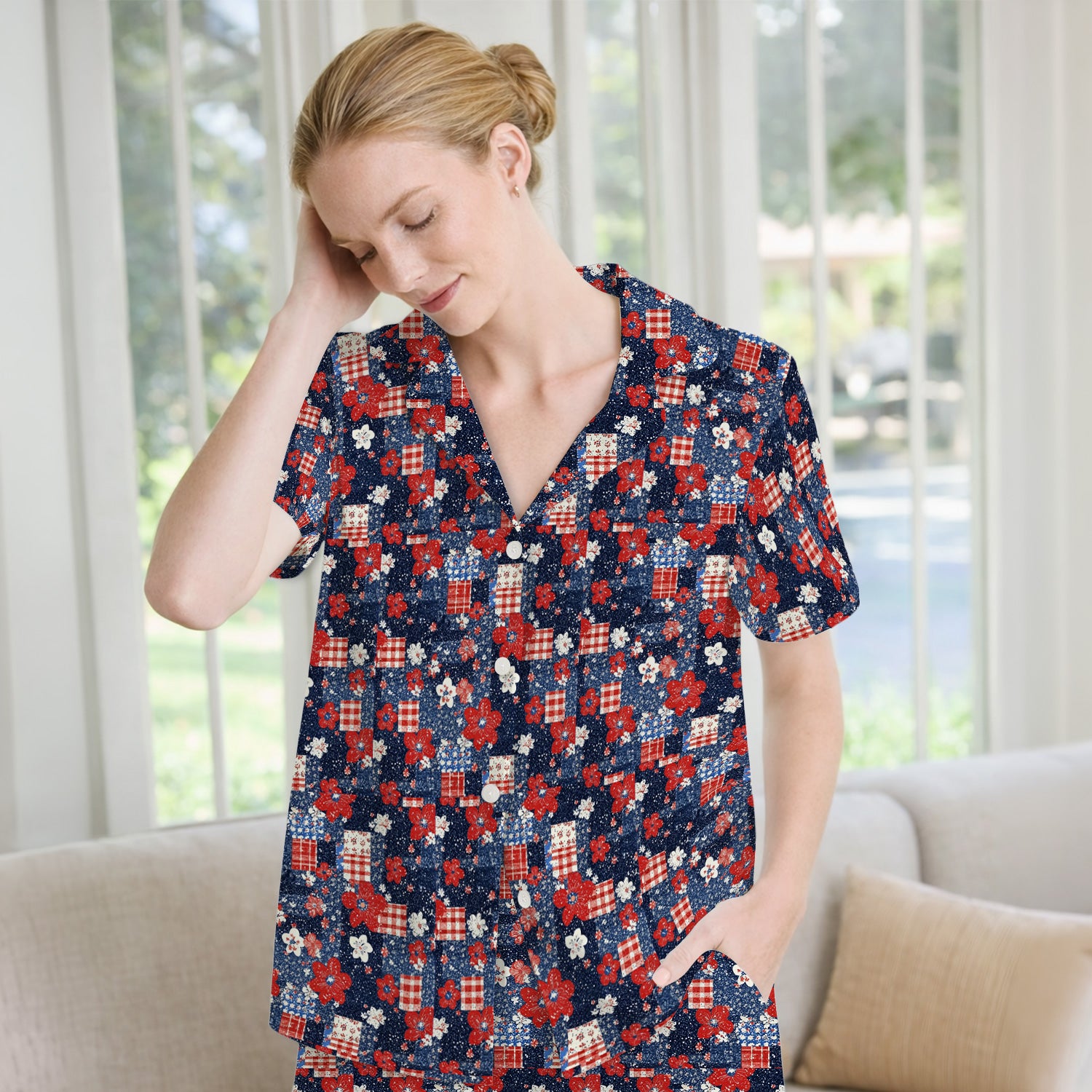 Patriotic Gingham Floral Patchwork Pattern Pajama Set, Soft Breathable Fabric Comfortable Sleepwear