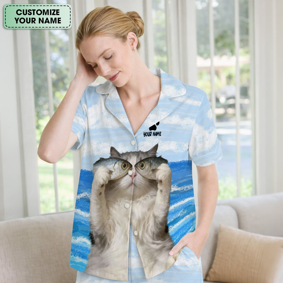 Personalized Cat Holding Fish Pattern Nurse Pajama Set, Soft Breathable Fabric Comfortable Sleepwear