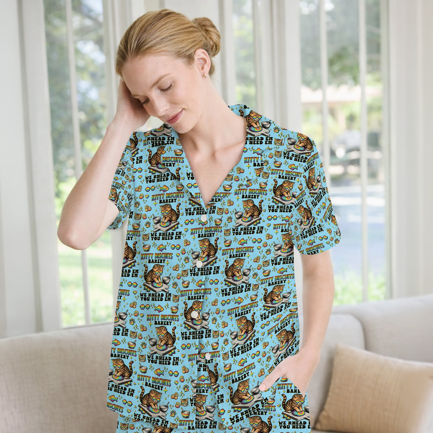 Pride Nurse Cat Baking Rainbow Dough Pattern Pajama Set, Breathable Fabrics Uniform