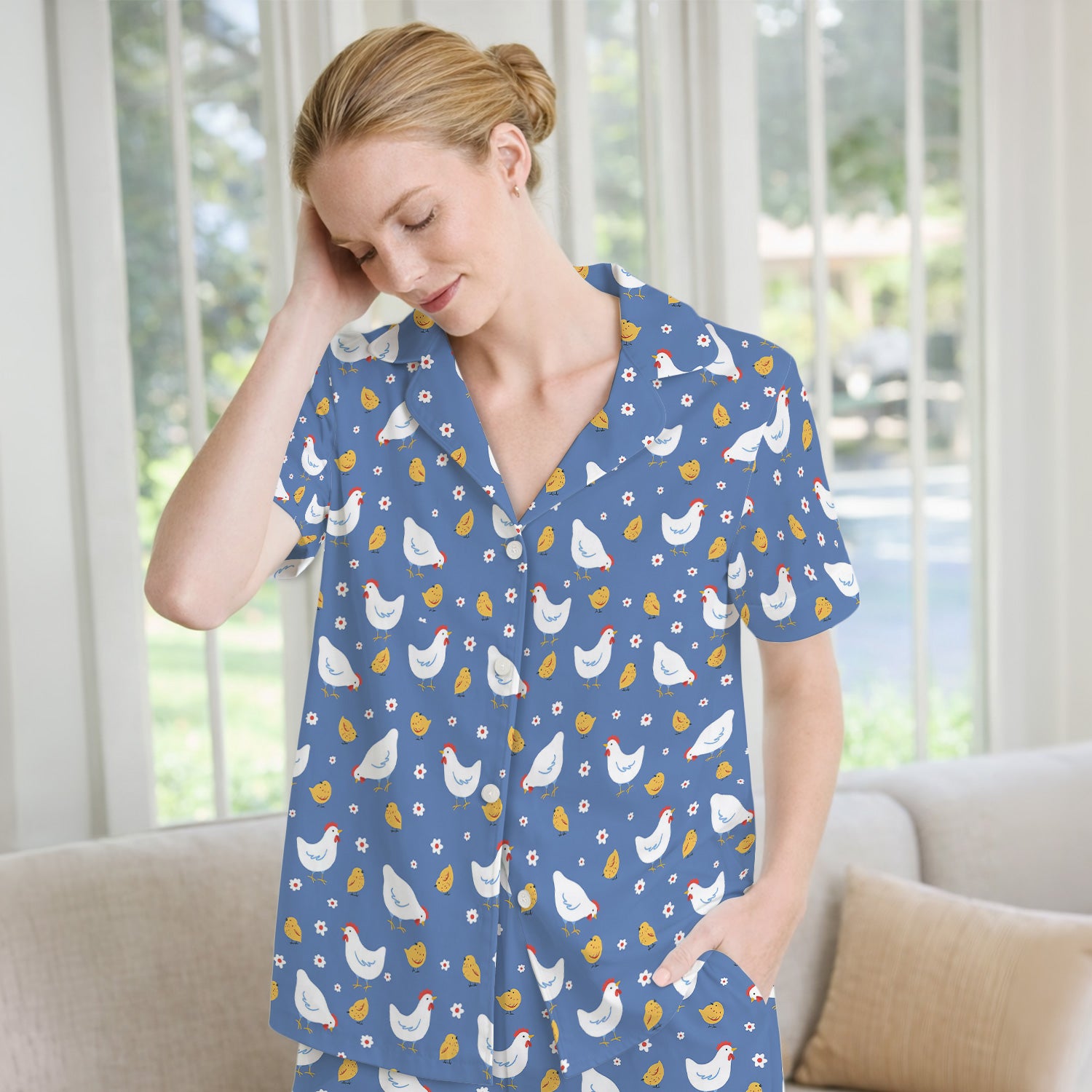 Chicken And Cute Chicks Pattern Pajama Set, Breathable Fabrics Uniform