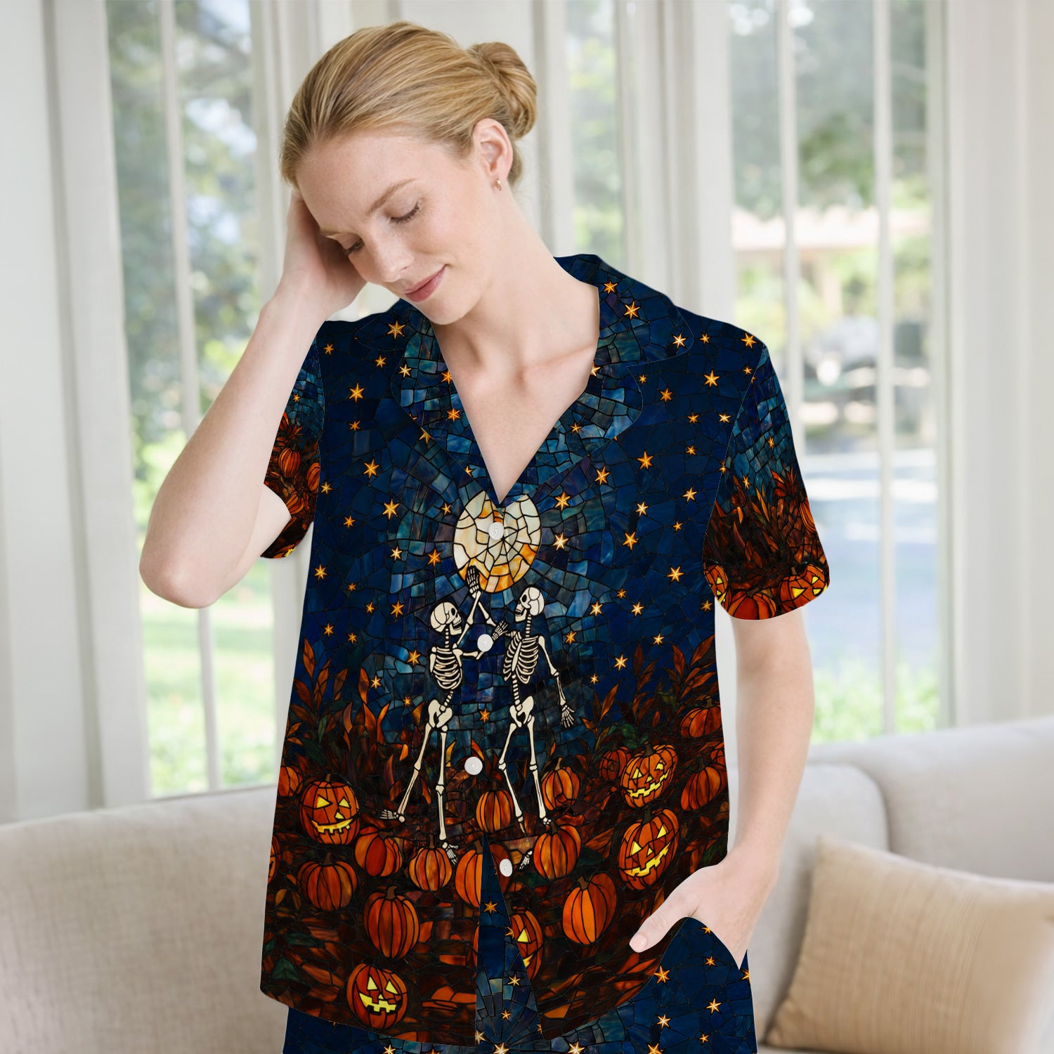 Halloween Skeleton Pumpkin Patch Pajama Set, Soft Breathable Fabric Comfortable Sleepwear